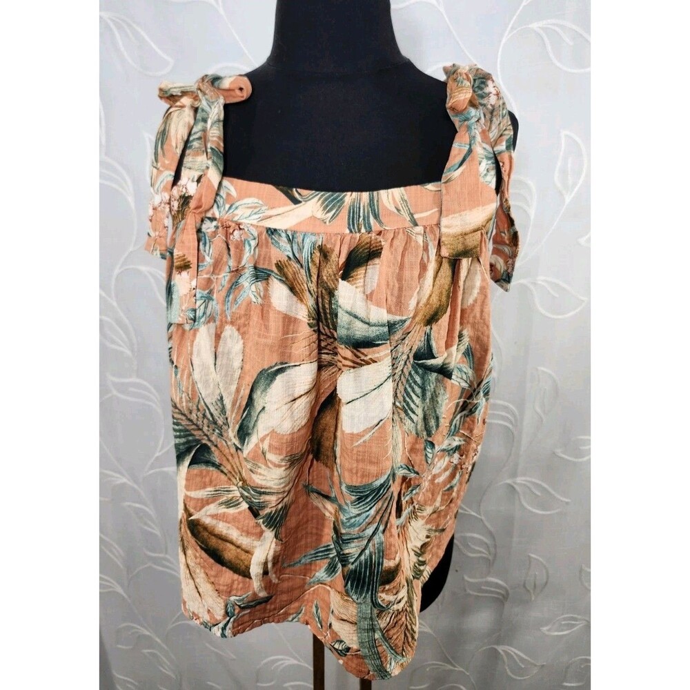 A.N.A. XL Orange Tropical Aloha Tank Top Square Neck Tie Shoulder Boxy Cropped